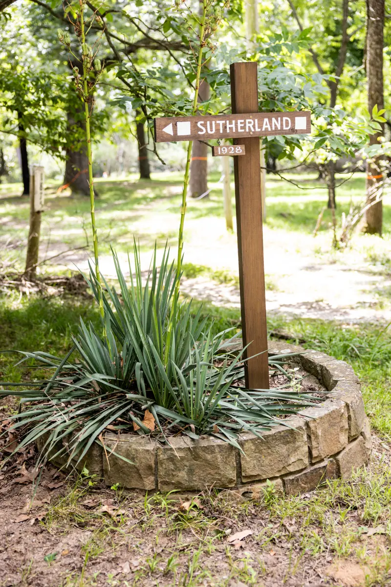 Detail-focused documentary style photography, showcasing the road sign leading to the Sutherland family’s Fayetteville home.