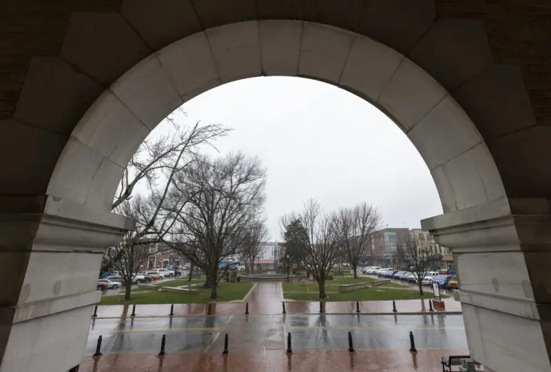 View of the Bentonville square as view through an arch