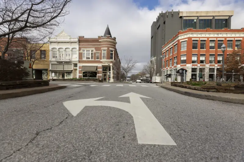 Street view of the historic buildings on the Fayetteville square.