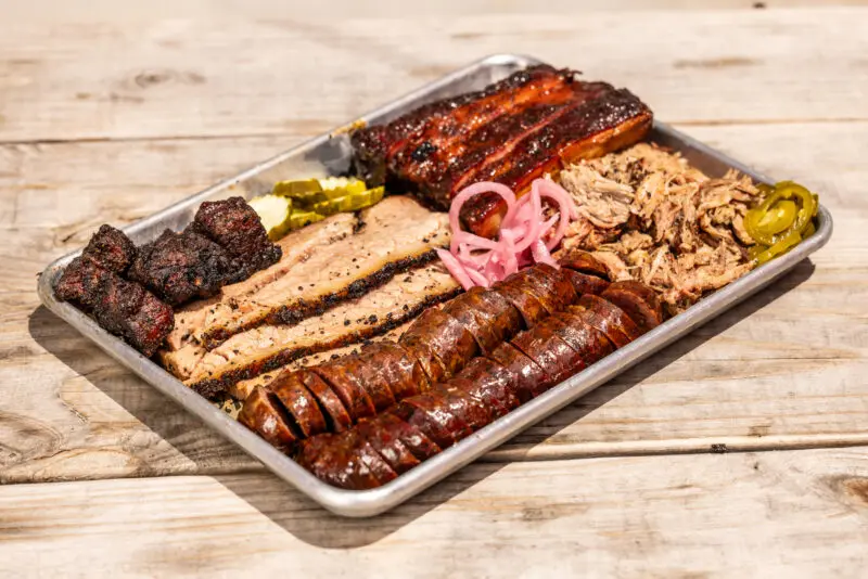 Photo of a meat plate available at Wrights BBQ in Bentonville.