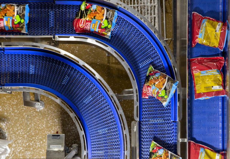 Packages of processed chicken nuggets travel down a blue conveyor belt at a processing facility.