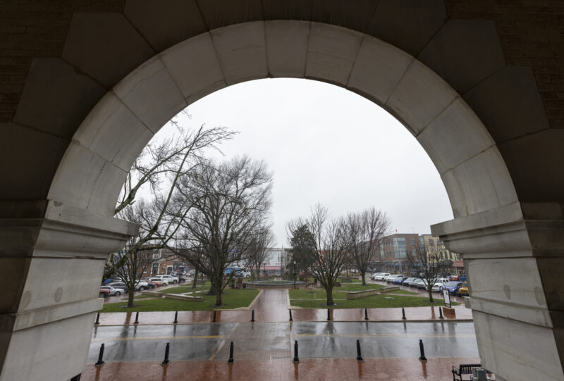 View of the Bentonville square as view through an arch