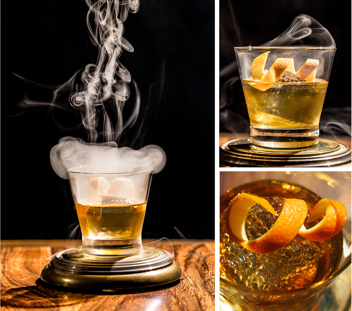Studio photography of a smoked bourbon old fashioned with an orange twist as a garnish.