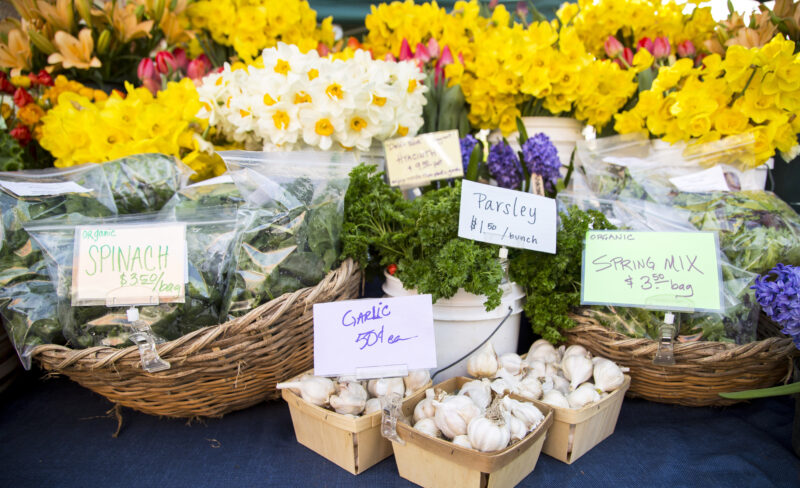 Produce and flowers at the farmer's market in Fayetteville, Ark.