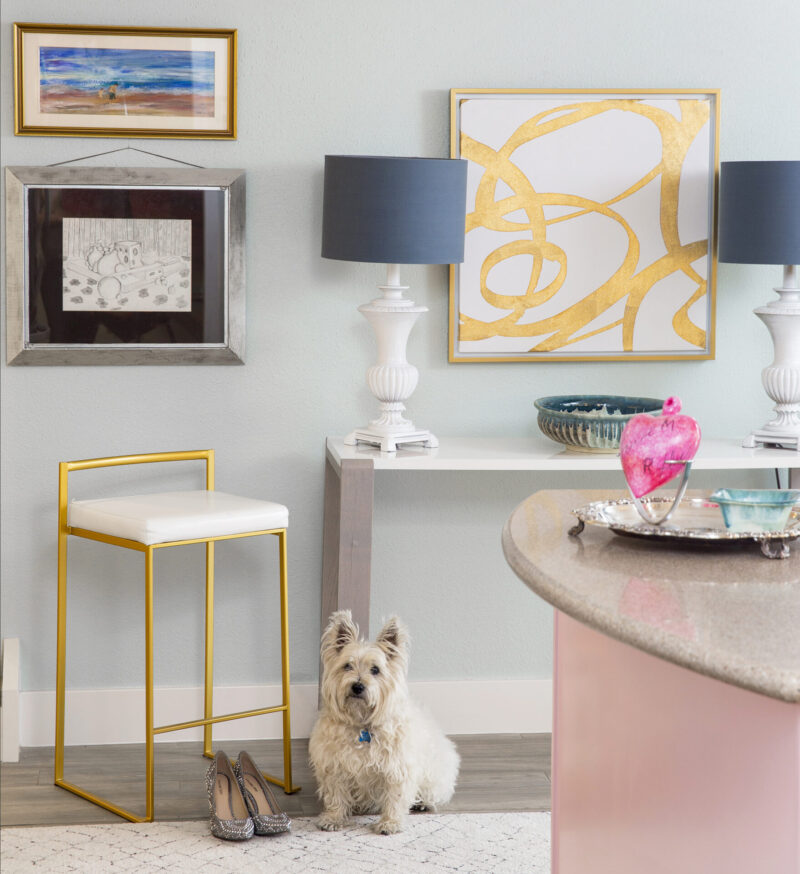Interior photography of a seating area in a kitchen showing a pet.