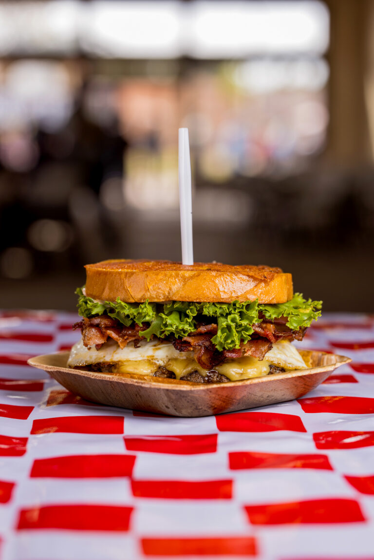 Photo of a bacon, lettuce, egg and cheese sandwich on a red checked tablecloth.