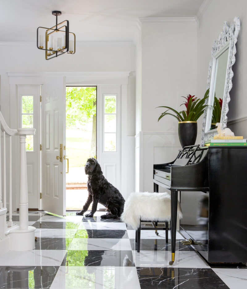 Interior photography of a home with two dogs standing guard at the front door.